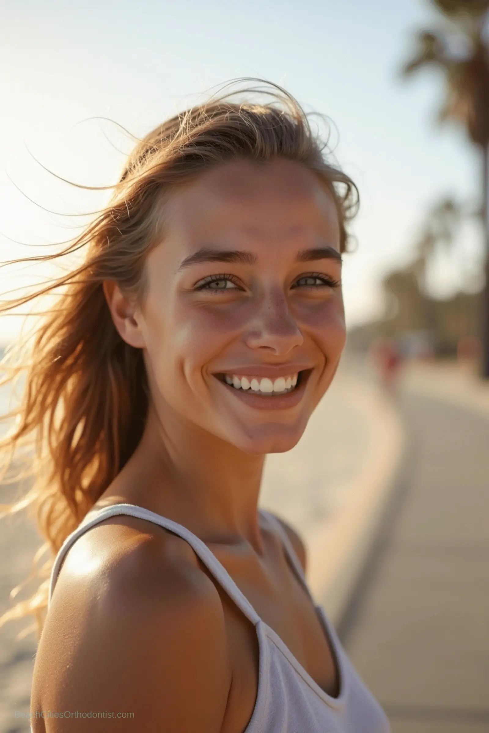 Invisalign Teen lifestyle portrait in warm coastal light