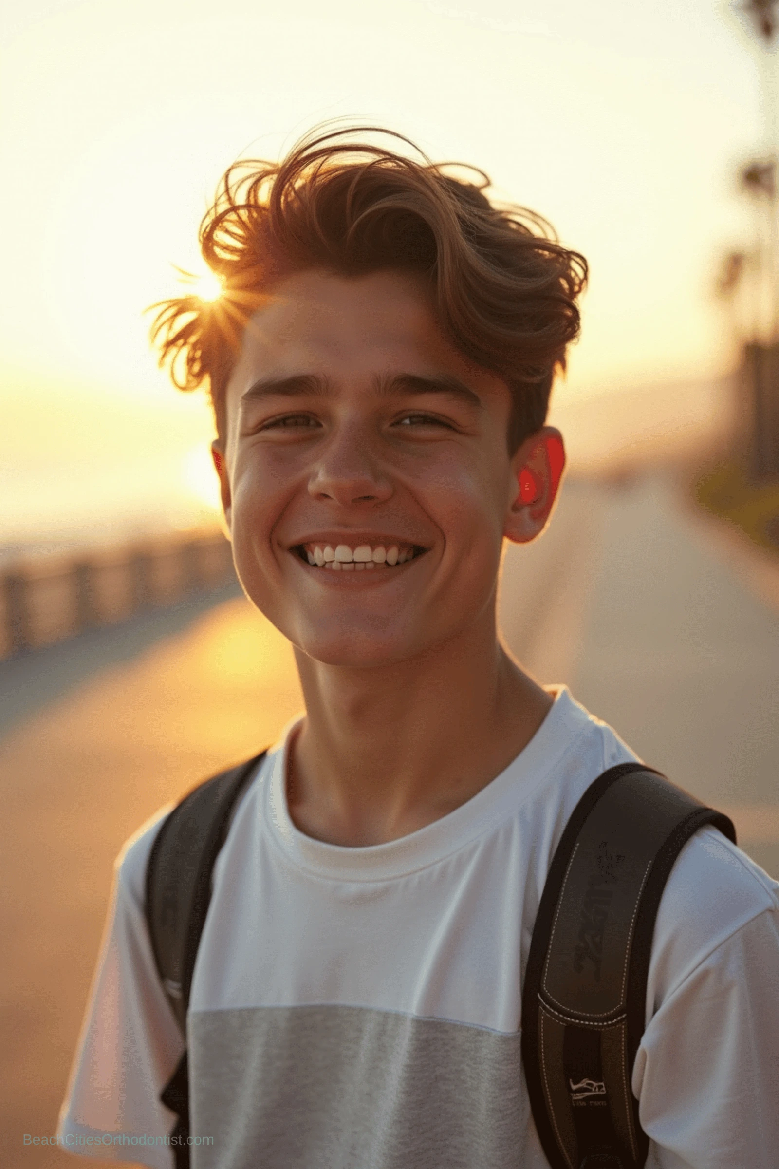Teen orthodontics lifestyle portrait in warm coastal light