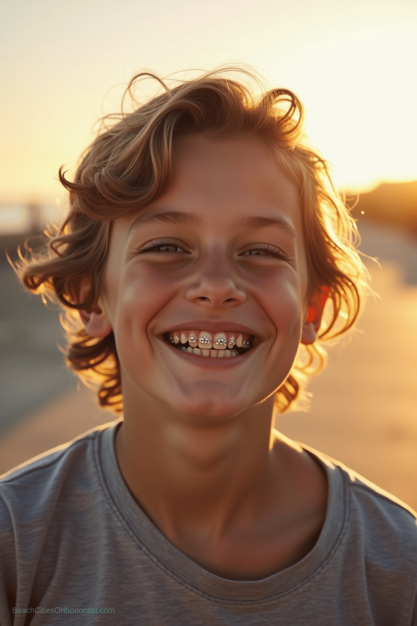 Braces lifestyle portrait in warm coastal light